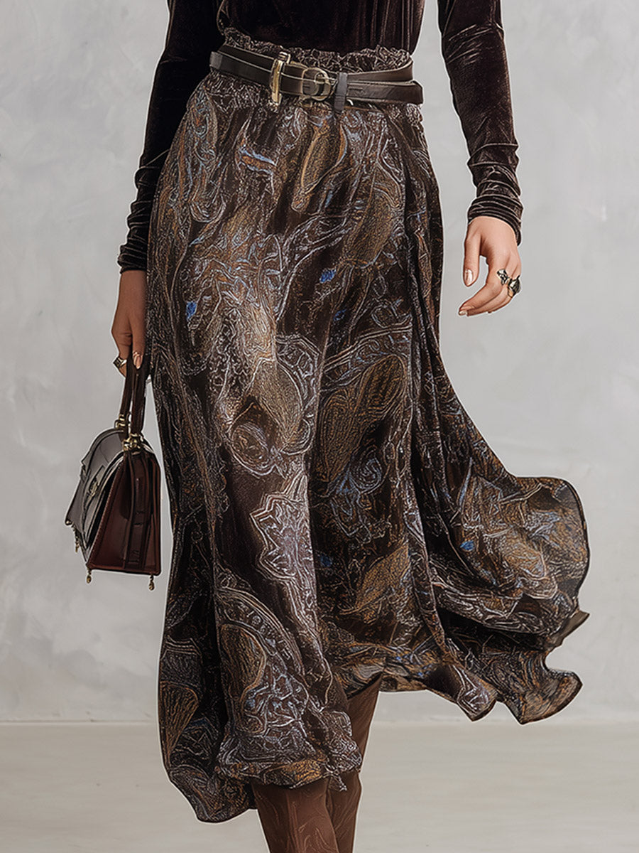 Vintage-style Dark Drown Long-sleeve T-shirt and Paisley Print Velvet Skirt Set