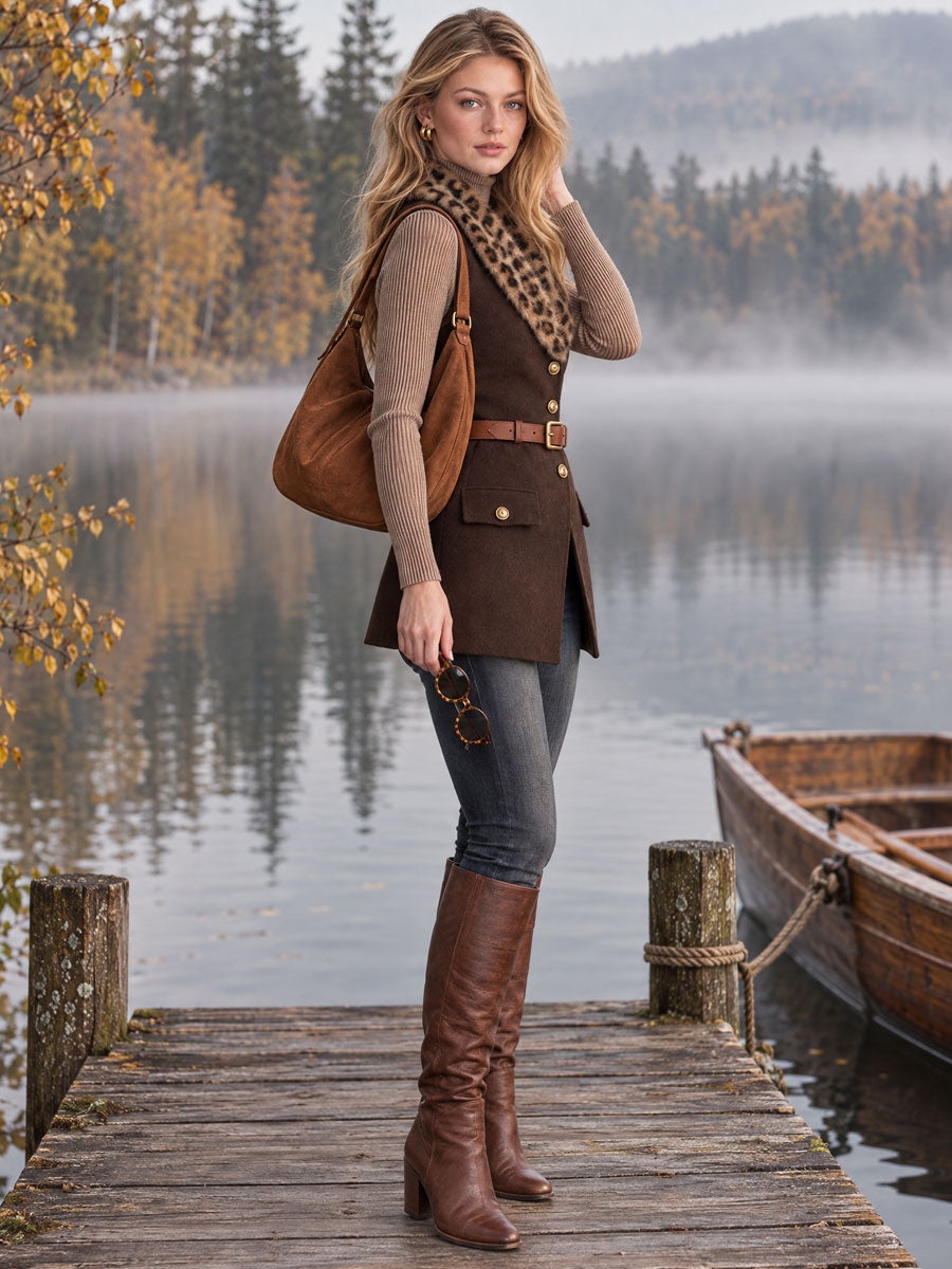 Stylish Retro Belted Leopard Print Faux Fur Collar Brown Wool Blend Vest