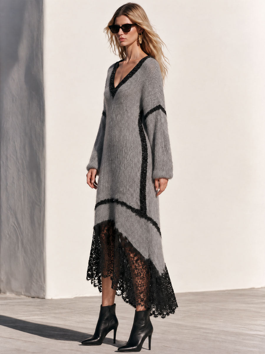 Loose-fitting V-neck Shimmering Lace Grey Mohair Knit Midi Dress