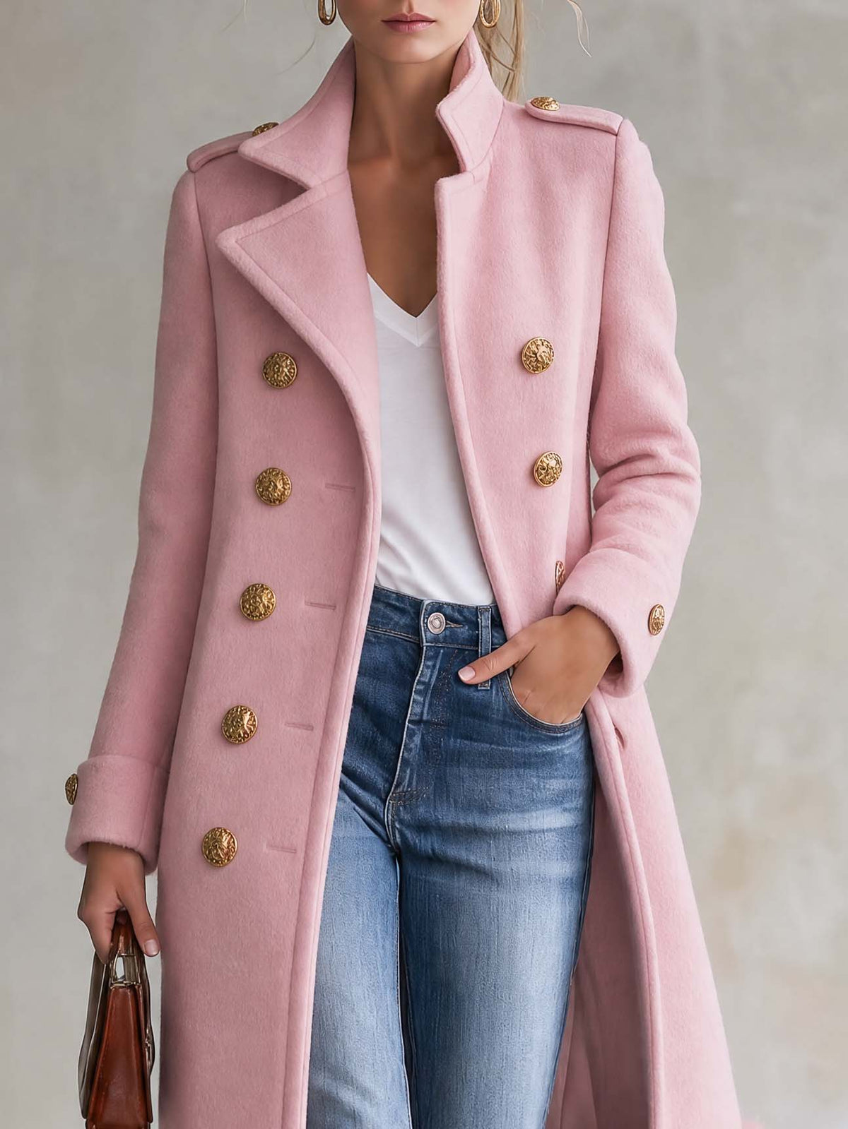 Elegant Military Double-Breasted Pink Wool Blend Faux Fur Hem Long Coat