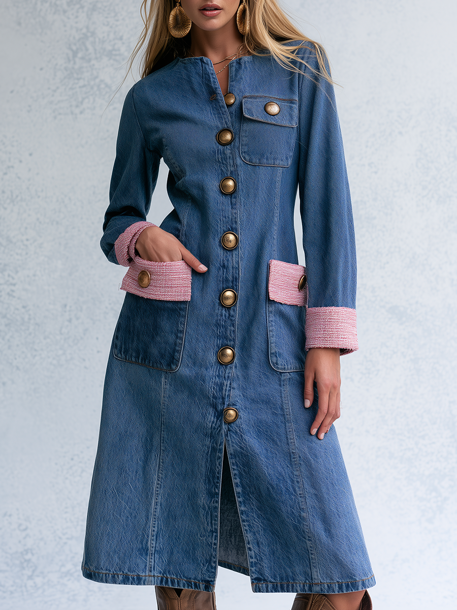 Elegant Vintage Tweed Trim Gold Button Front Denim Midi Dress