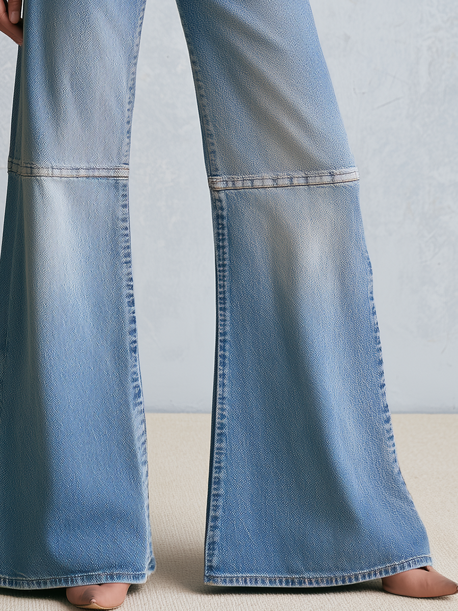 Retro Patchwork Pink Pocket High Waist Zip Fly Flare Jeans