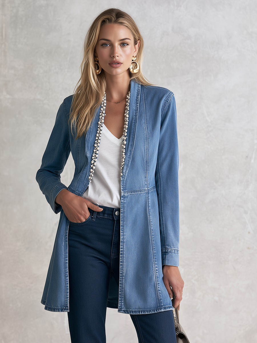 Elegant Chic Pearl Trim Open Front Longline Denim Duster Jacket