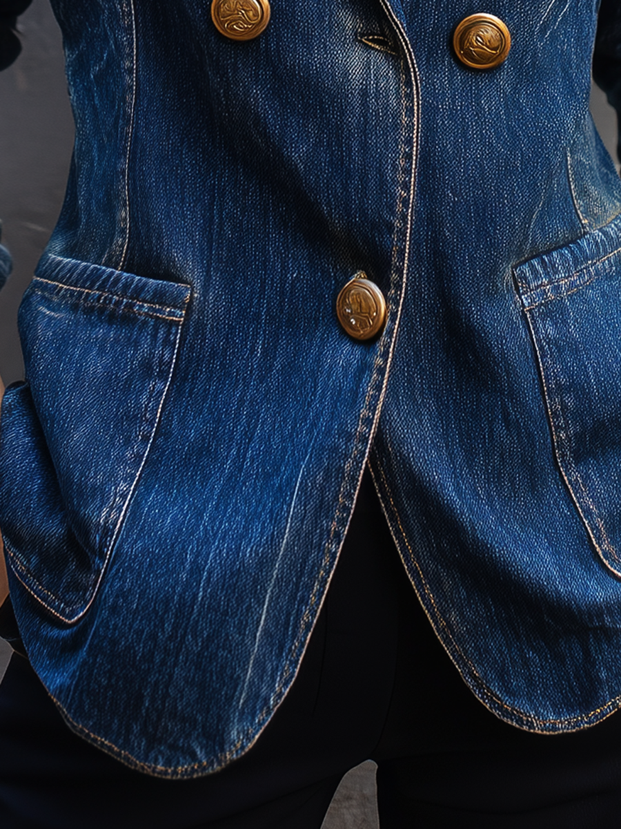 Vintage Chic Dark Wash Gold Button Tailored Denim Blazer