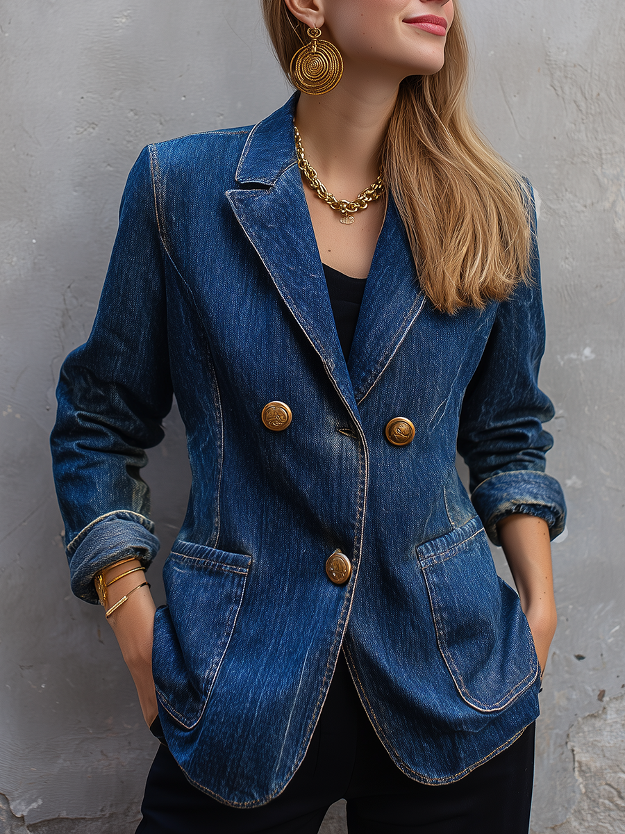Vintage Chic Dark Wash Gold Button Tailored Denim Blazer
