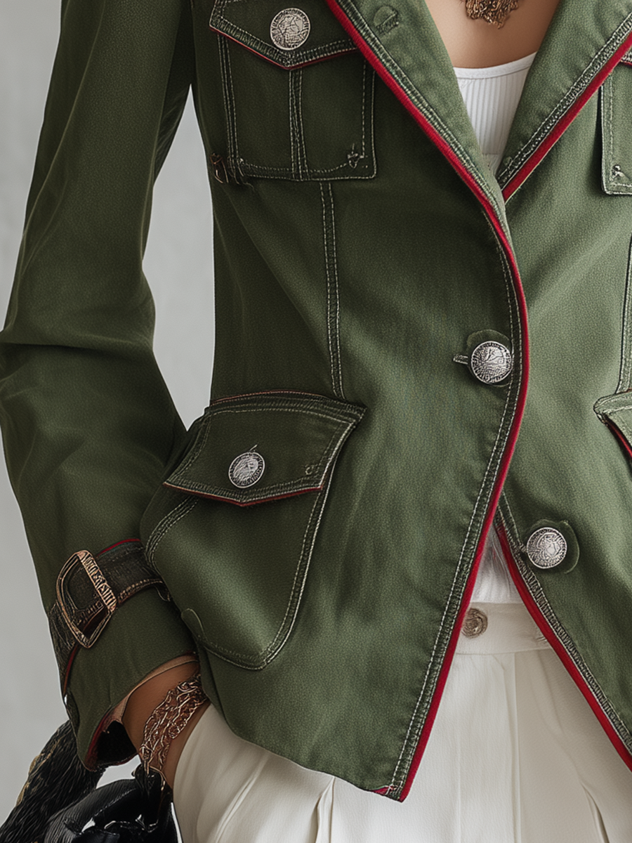 Olive Military Utility Blazer With Red Piping