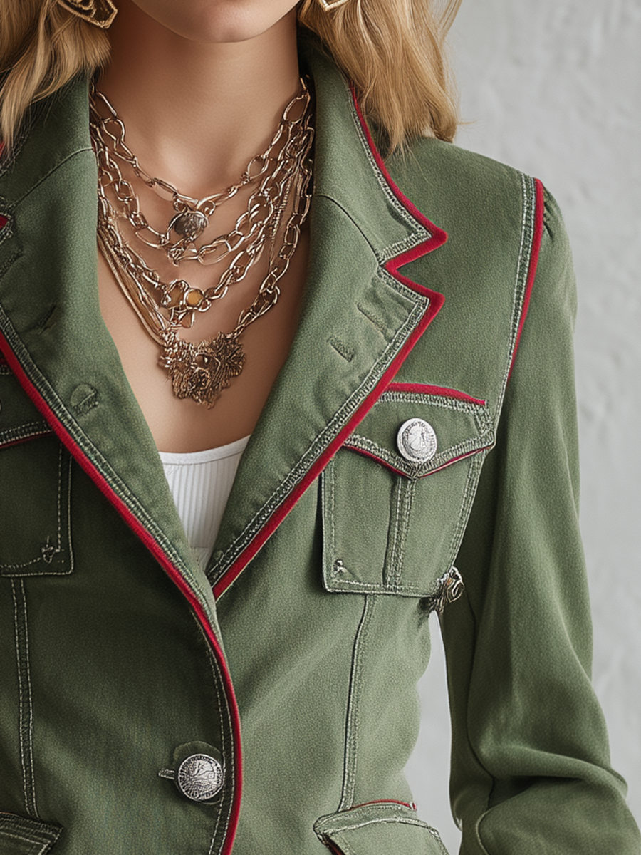 Olive Military Utility Blazer With Red Piping