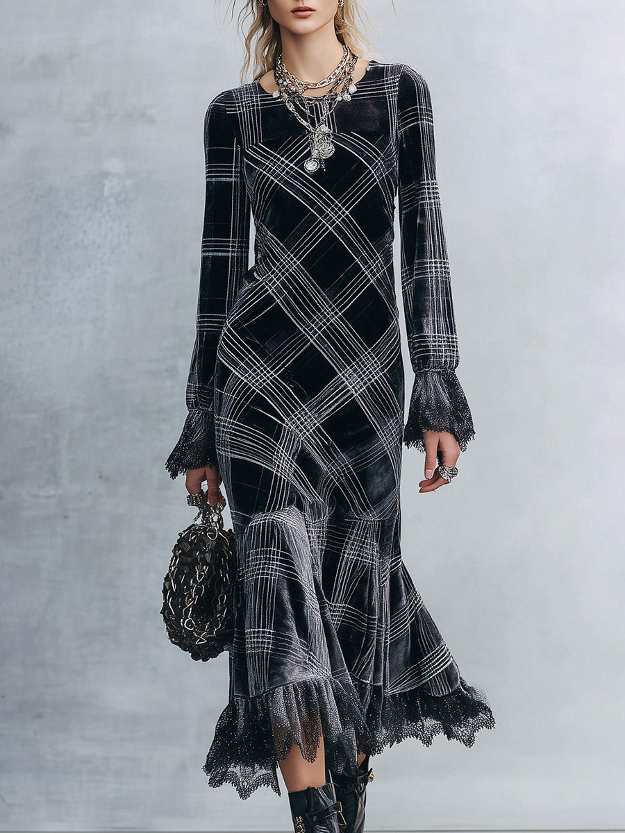 Elegant Lace-Trimmed Black Plaid Lace-Trimmed Velvet Midi Dress