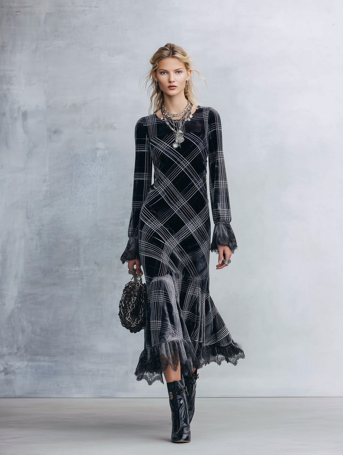 Elegant Lace-Trimmed Black Plaid Lace-Trimmed Velvet Midi Dress