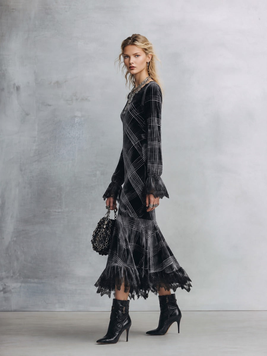 Elegant Lace-Trimmed Black Plaid Lace-Trimmed Velvet Midi Dress
