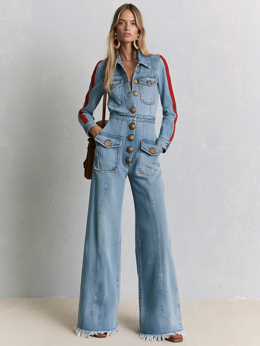 Retro Western Red Stripe Sleeve Button Front Wide Leg Denim Jumpsuit