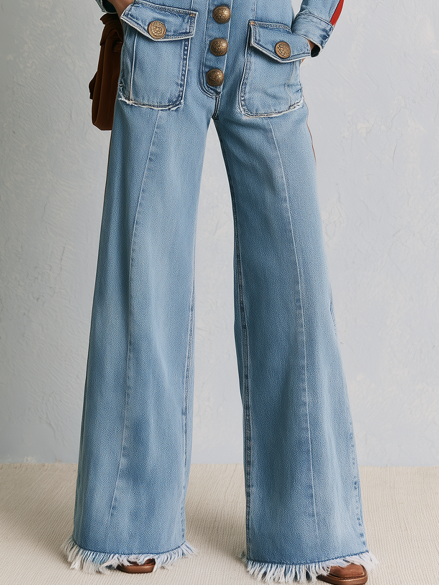Retro Western Red Stripe Sleeve Button Front Wide Leg Denim Jumpsuit