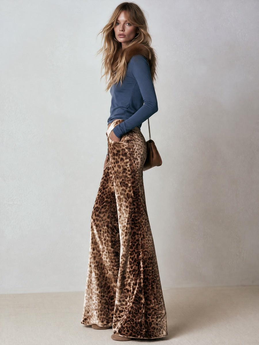 Stylish Faux-fur Collar Blue Cotton T-shirt Leopard-print Velvet Trousers Matching Set