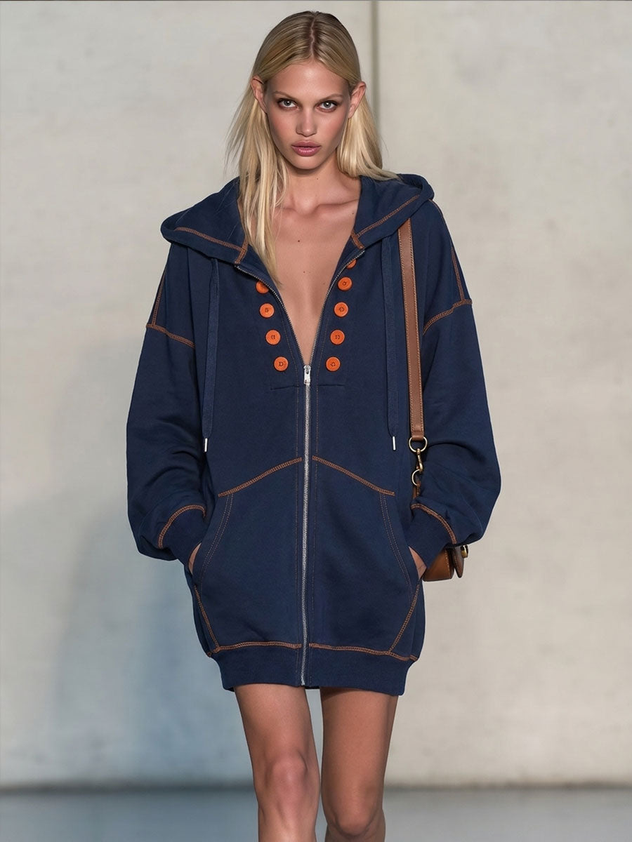 Casual Retro Double-breasted Decorative Button Blue Hooded Zip-up Cotton Mini Dress