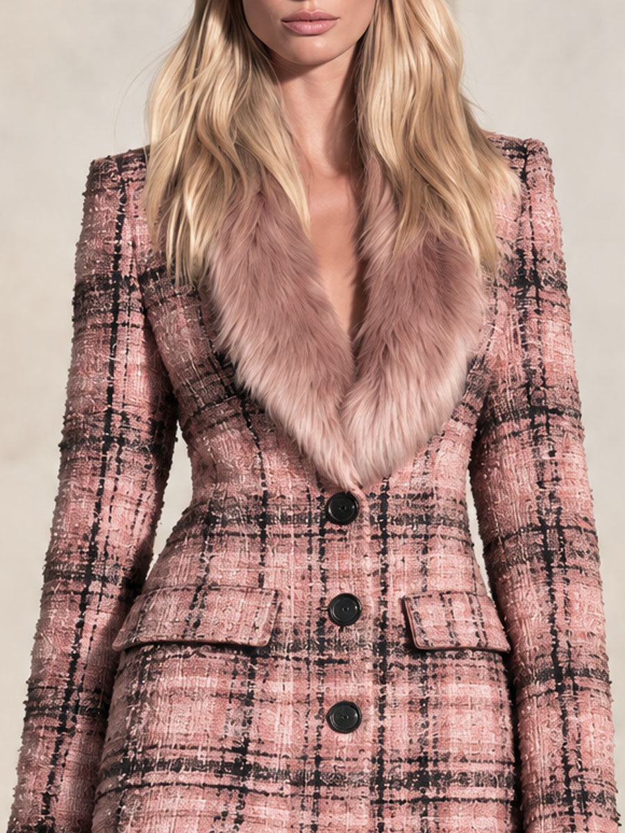 Retro-elegant Faux Fur Collar Pink Tassel Single-breasted Tweed Coat