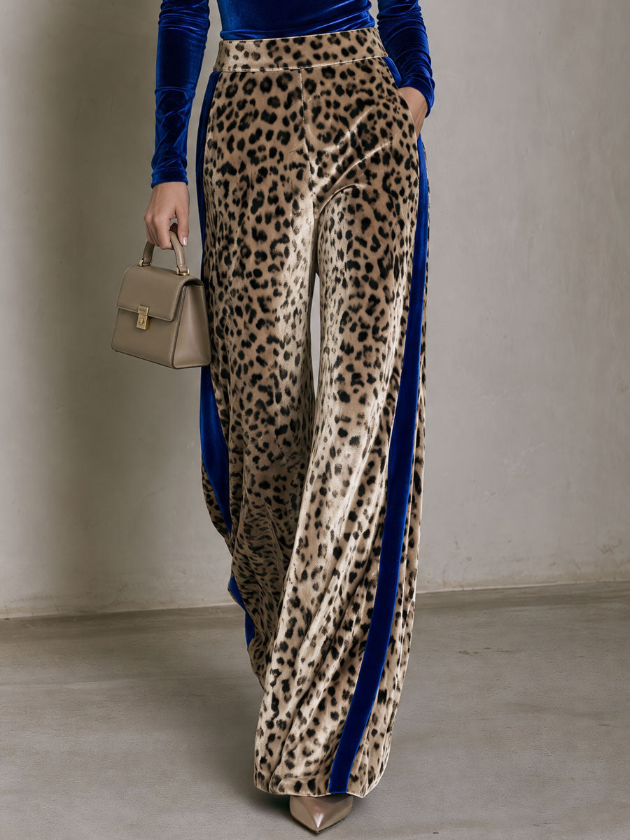 Elegant Retro Royal Blue Velvet Top And Leopard Print Velvet Wide-leg Pants Set