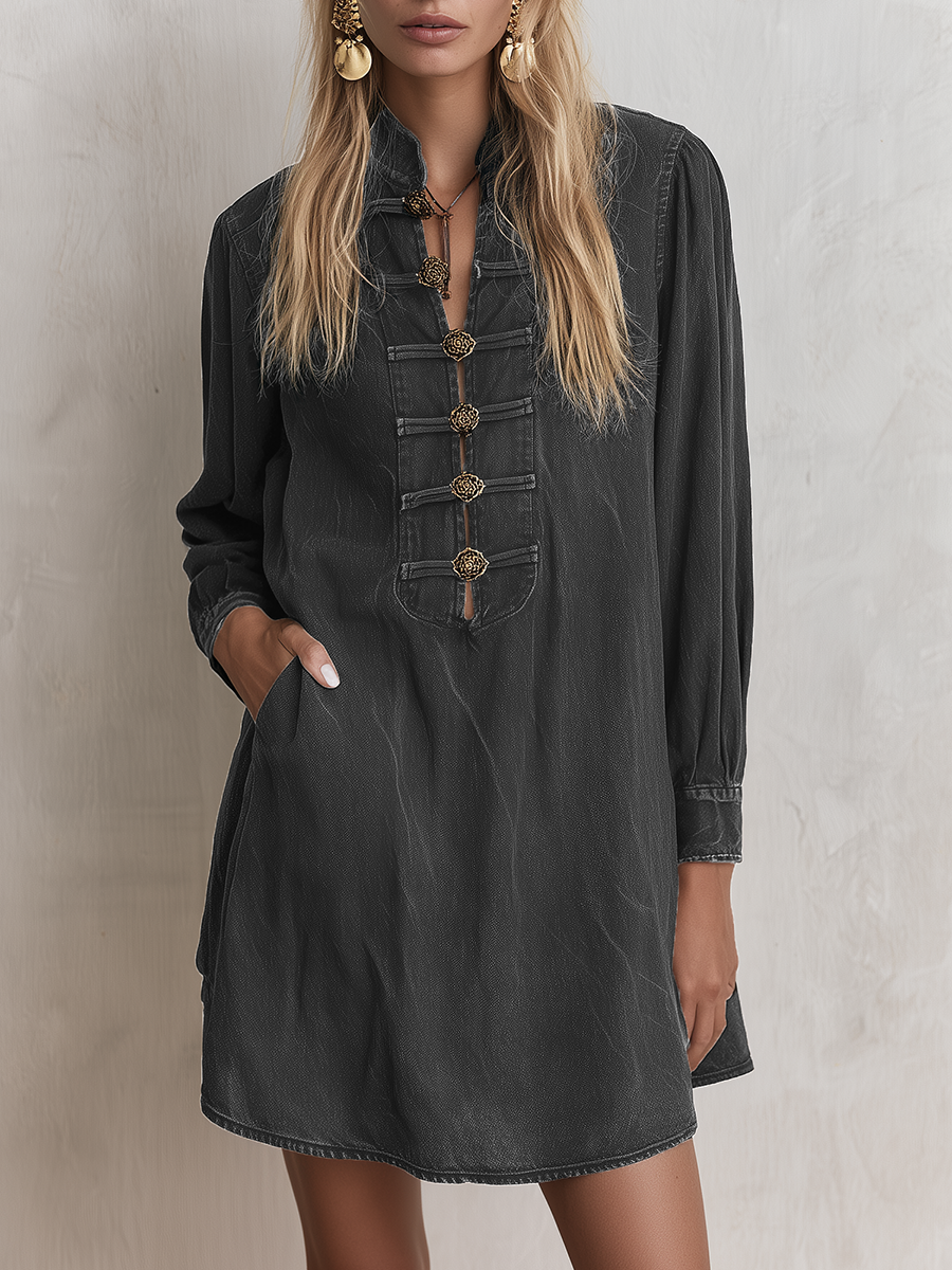 Boho Vintage Black Washed Stand Collar Ornate Button Denim Mini Dress