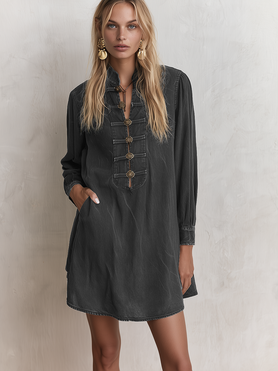 Boho Vintage Black Washed Stand Collar Ornate Button Denim Mini Dress