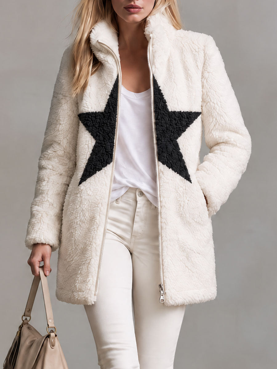 Retro-chic Color-blocked Star-patterned White Stand-collar Zip-up Fleece Coat