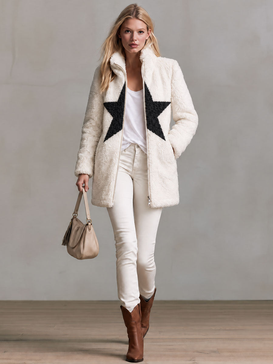 Retro-chic Color-blocked Star-patterned White Stand-collar Zip-up Fleece Coat