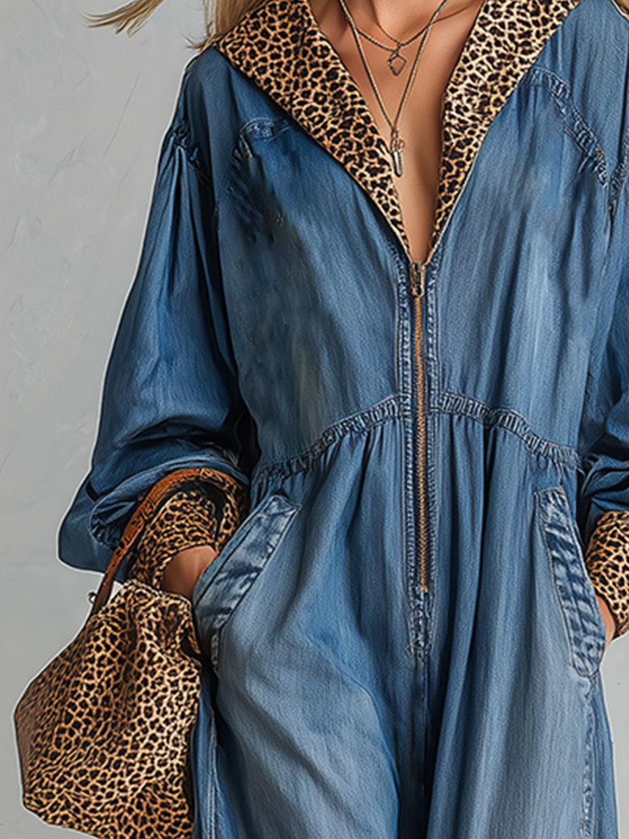 Casual Chic Oversized Leopard-Print Trim Blue Denim Jumpsuit