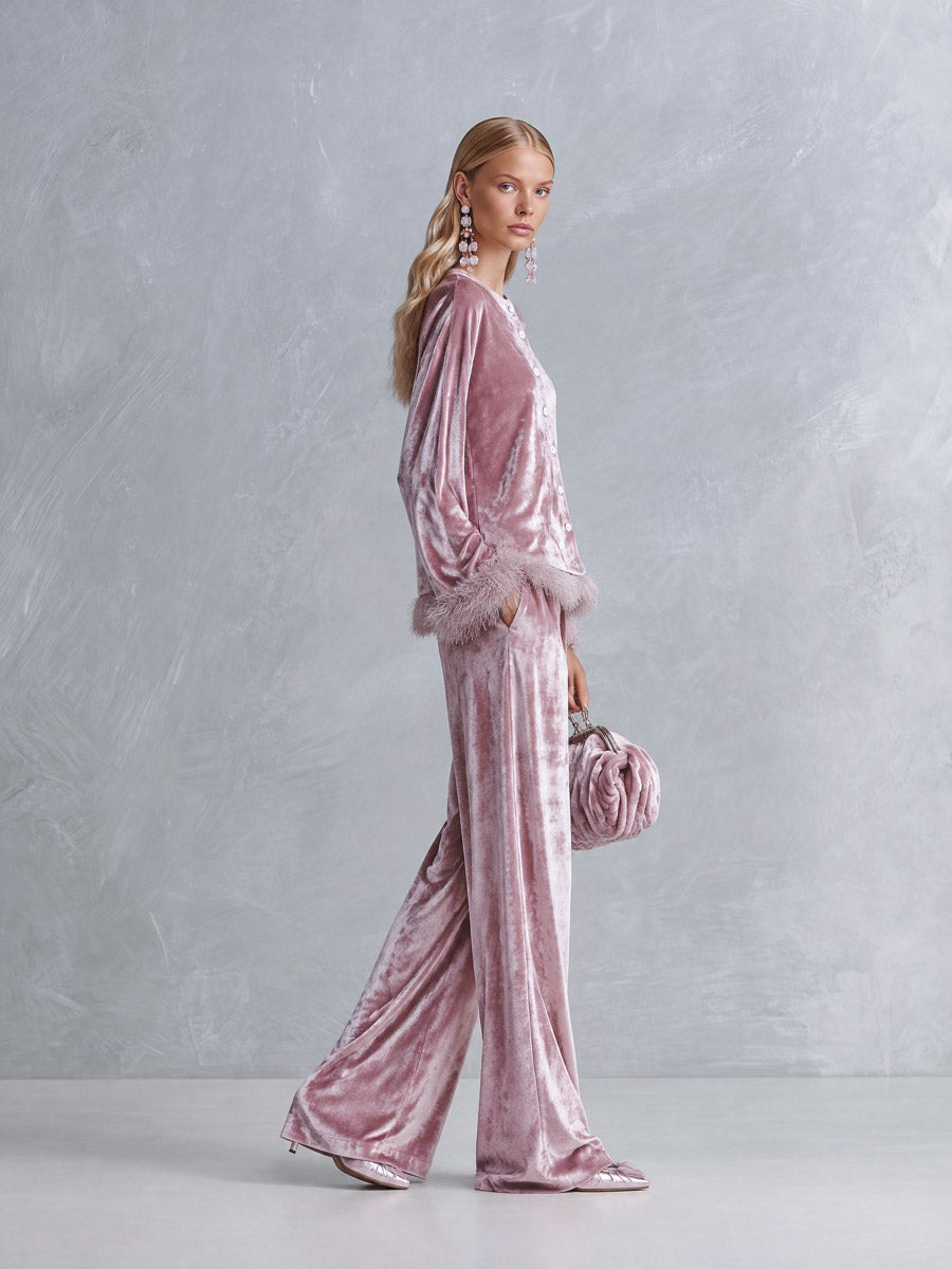 Elegant Faux-fur Trim Dusty Rose Crushed Velvet Top and Wide-Leg Trousers Two-Piece Sets