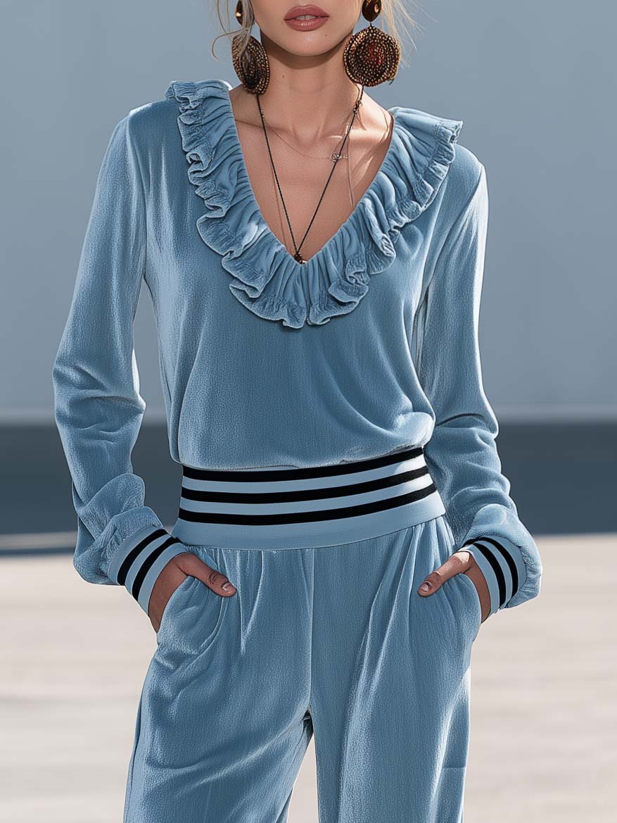 Retro Chic Dusty Blue Velvet Ruffle V-Neck Wide Leg Pants Two Piece Set