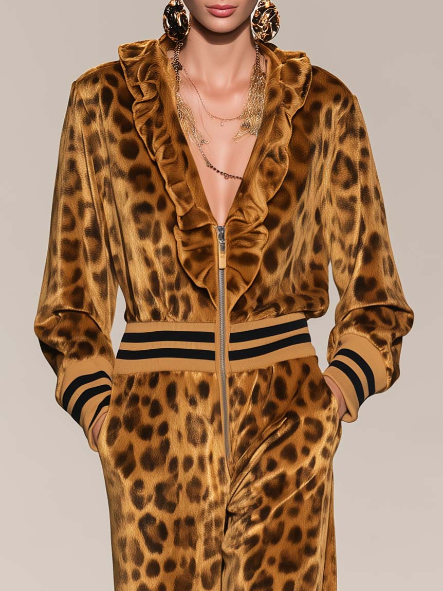 Retro Gold Leopard Print Velvet Ruffle V-Neck Zip Up Wide Leg Jumpsuit