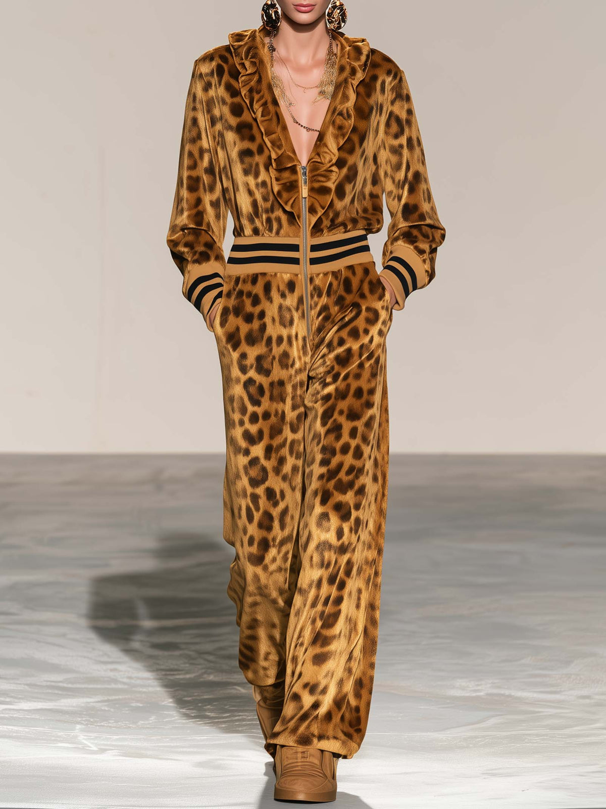 Retro Gold Leopard Print Velvet Ruffle V-Neck Zip Up Wide Leg Jumpsuit