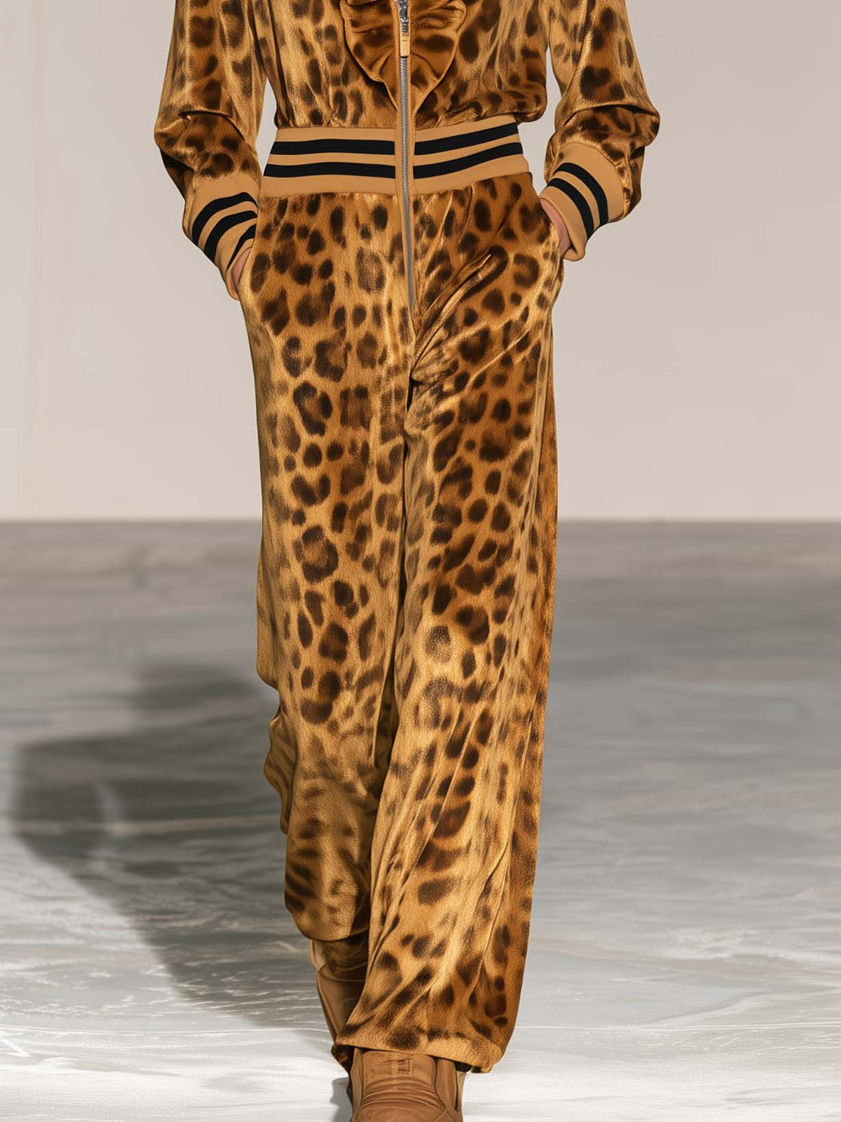 Retro Gold Leopard Print Velvet Ruffle V-Neck Zip Up Wide Leg Jumpsuit