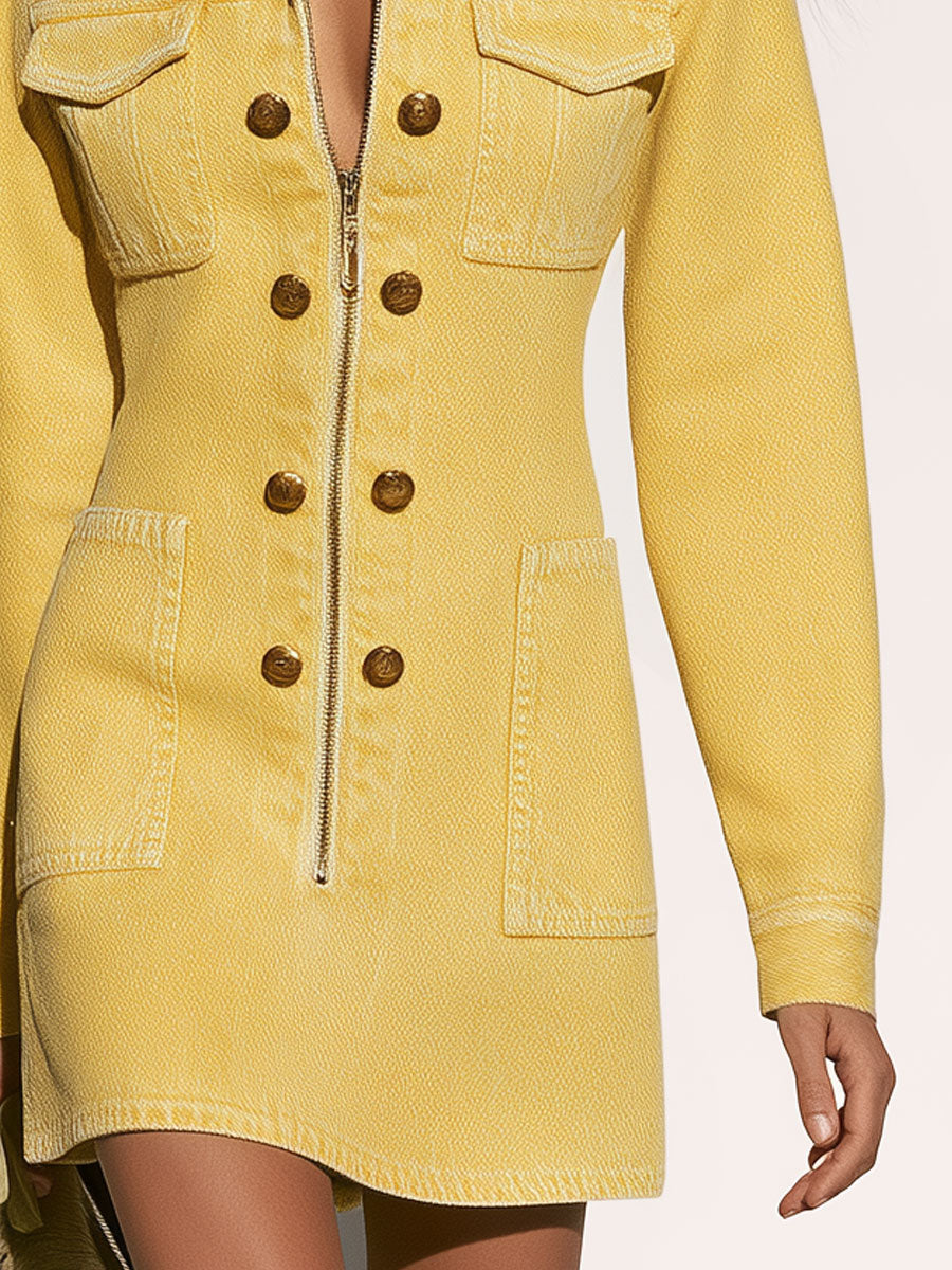 Vintage Yellow Multi-pocket Washed Denim Long-sleeved Mini Dress