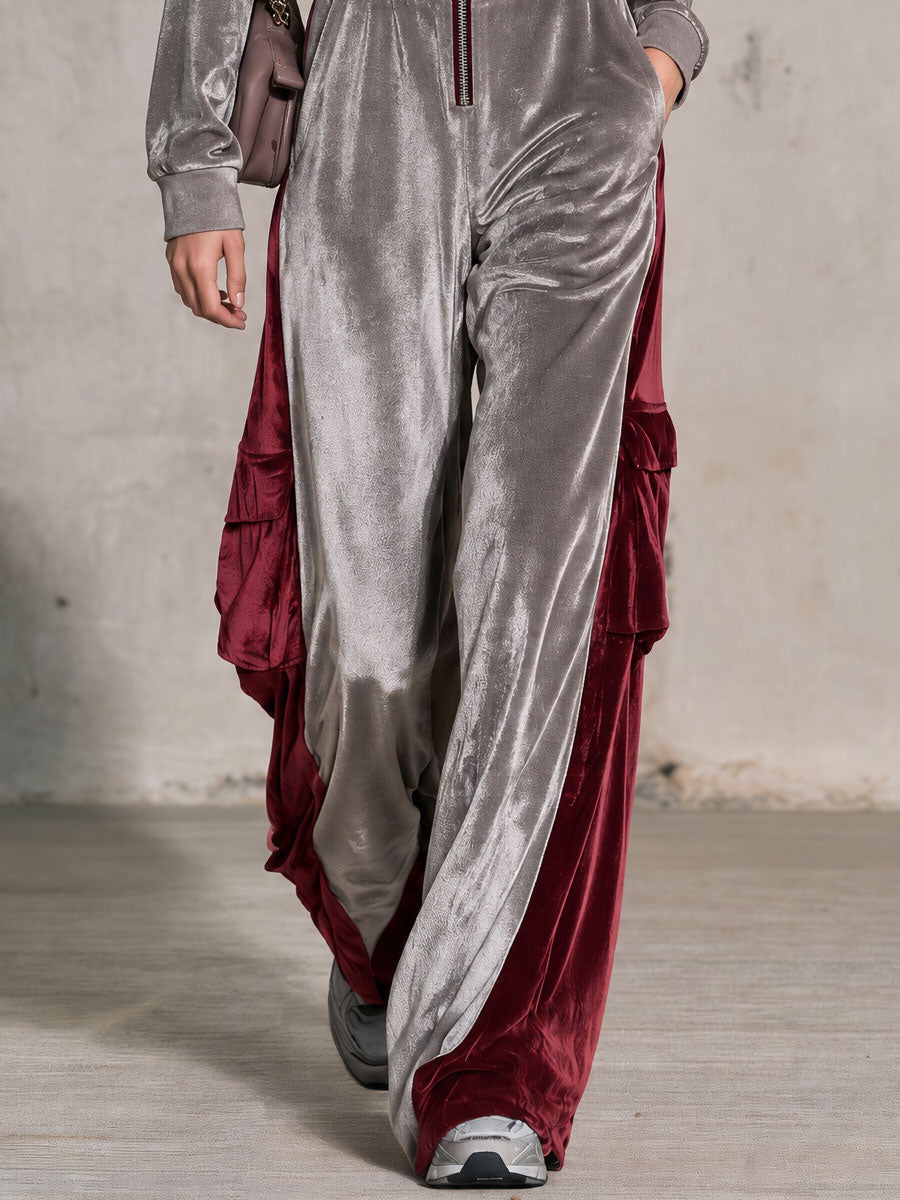 Casual Retro Color-blocked Star Gray Hooded Zip-up Velvet Jumpsuit