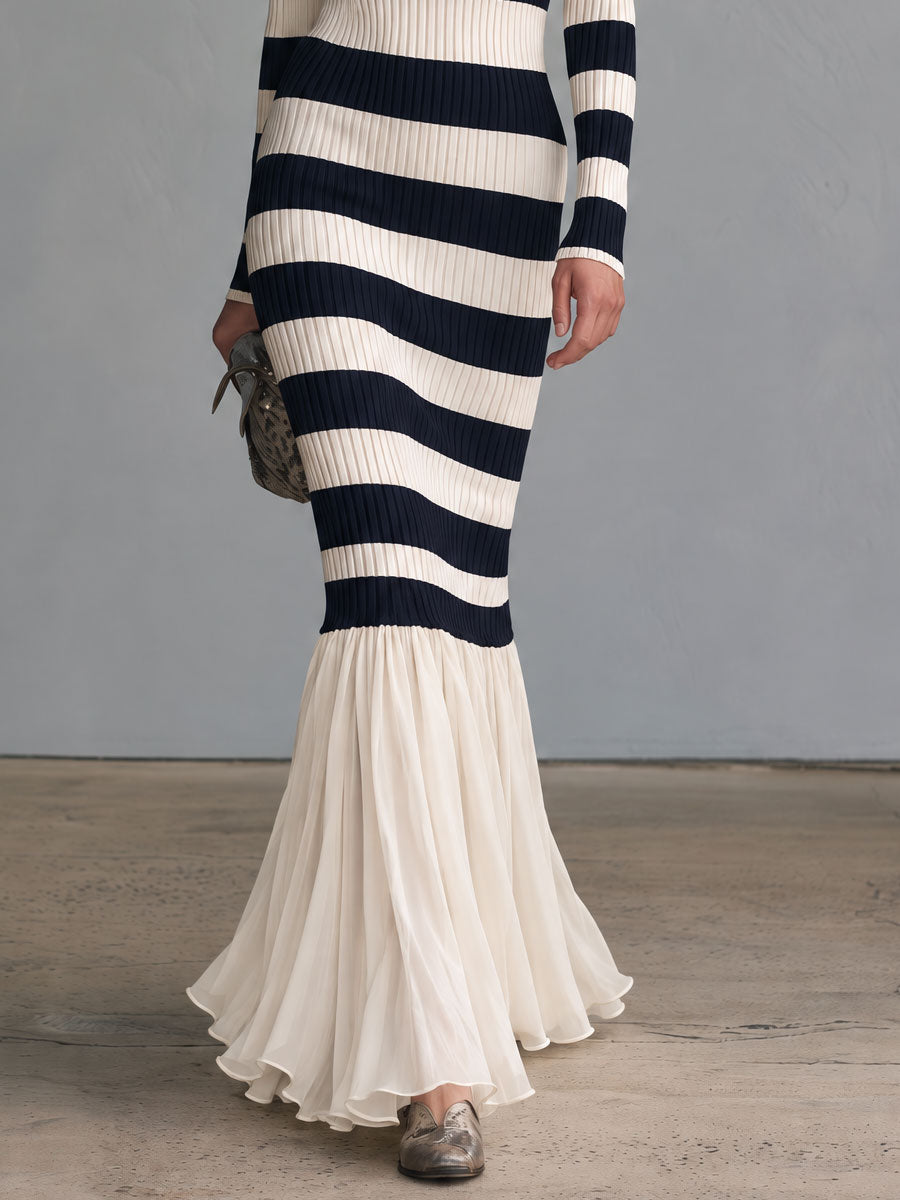 Retro-elegant Blue And White Striped Knit Patchwork Chiffon Ruffled Fishtail Maxi Dress