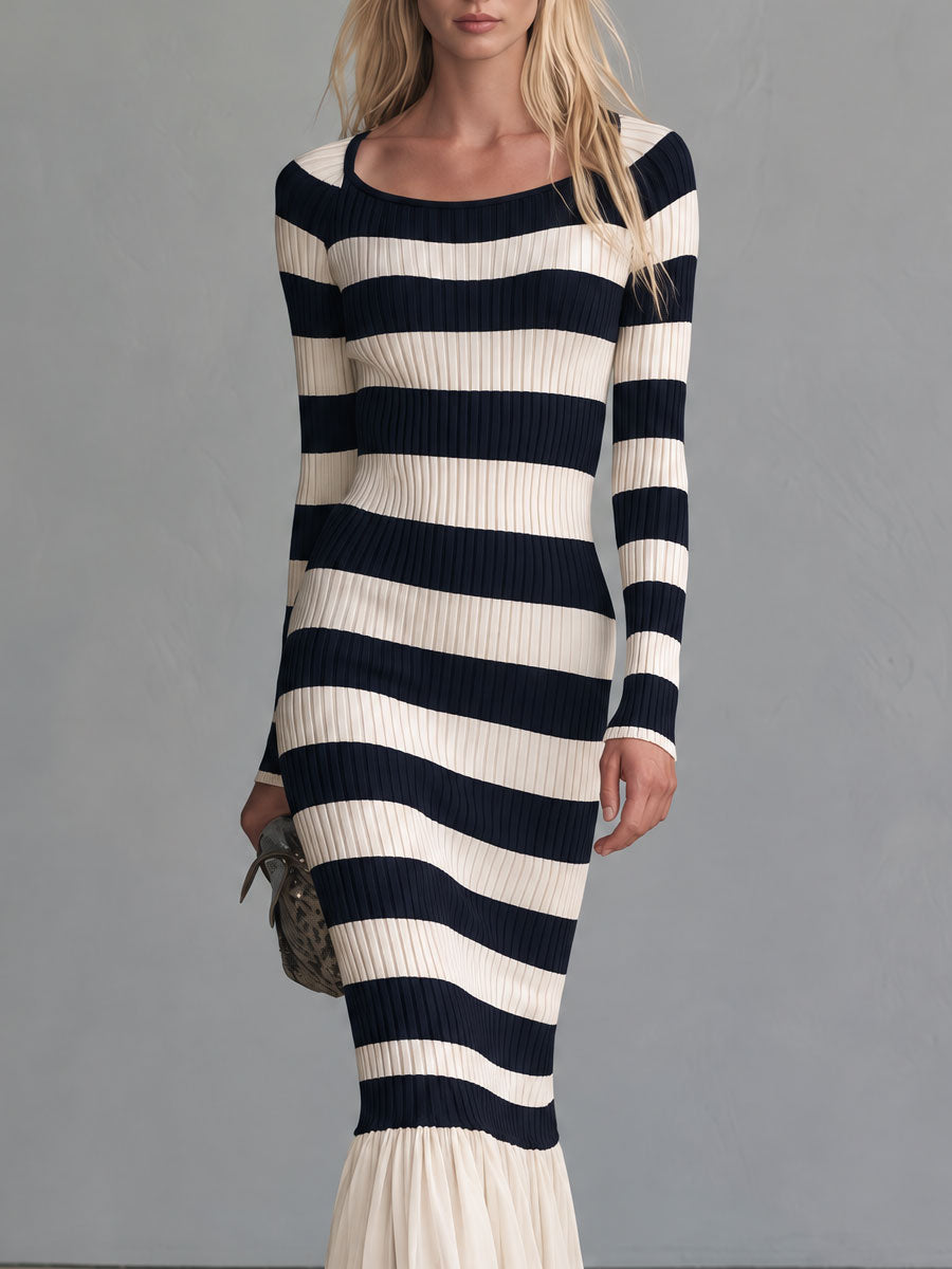 Retro-elegant Blue And White Striped Knit Patchwork Chiffon Ruffled Fishtail Maxi Dress