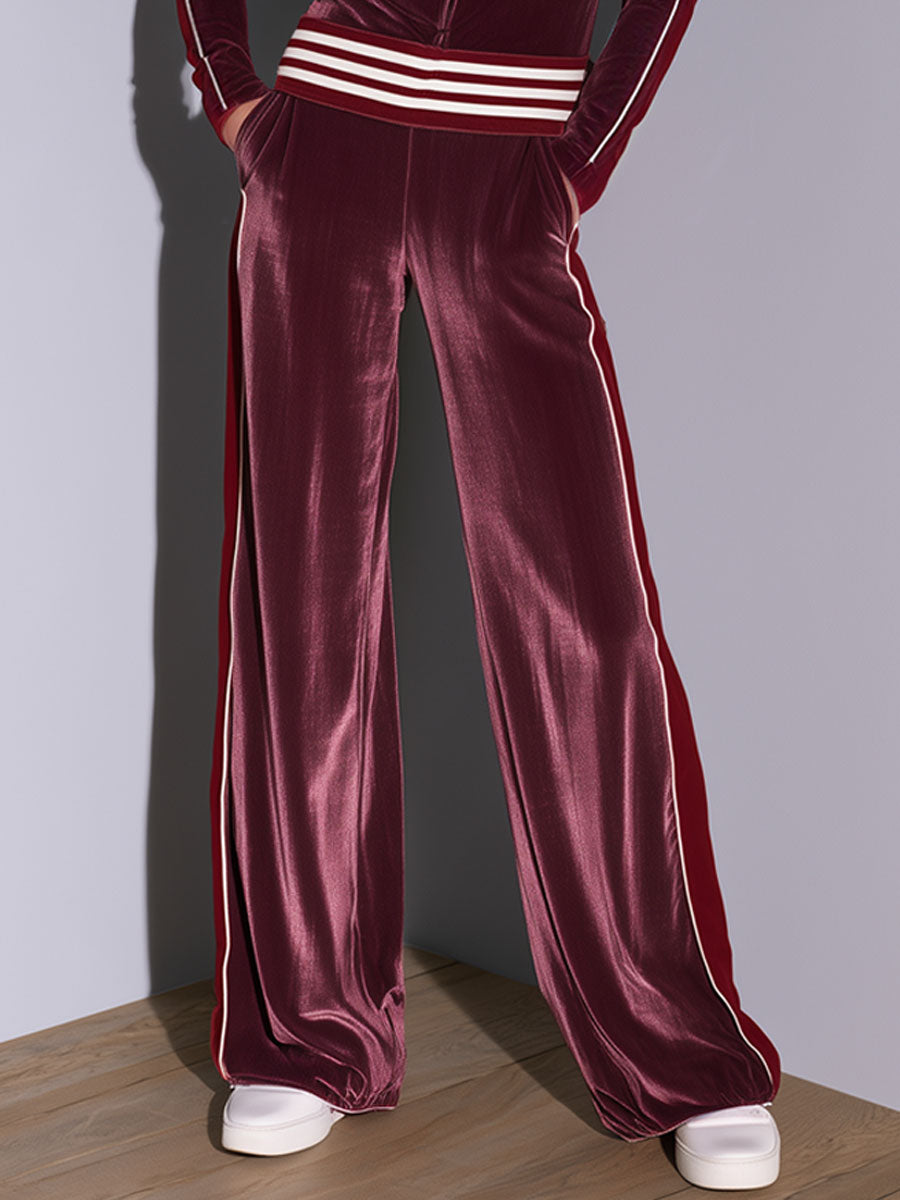 Casual Retro Burgundy Velvet Striped Button-Down Top And Wide-Leg Pants Set