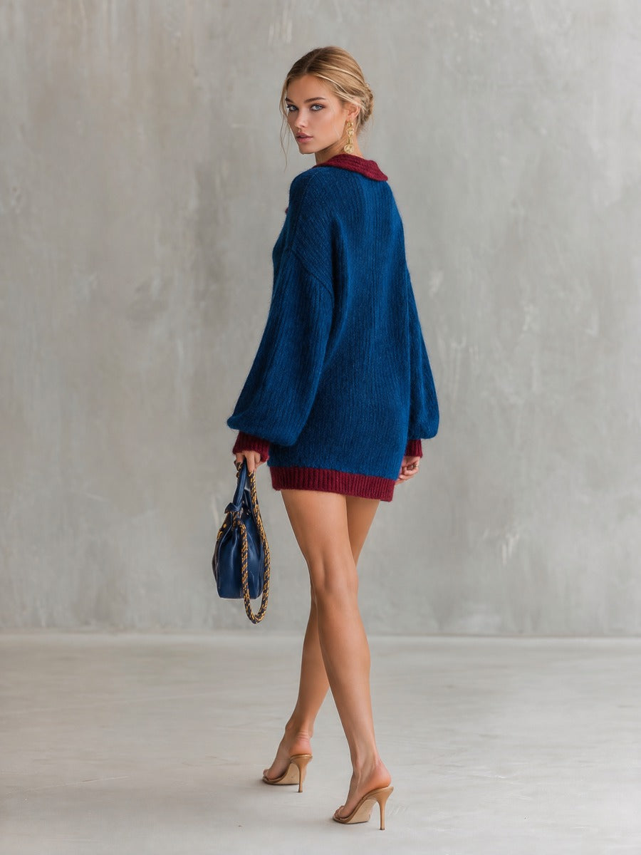 Oversized Contrast Trim Polo Collar Knit Mini Dress