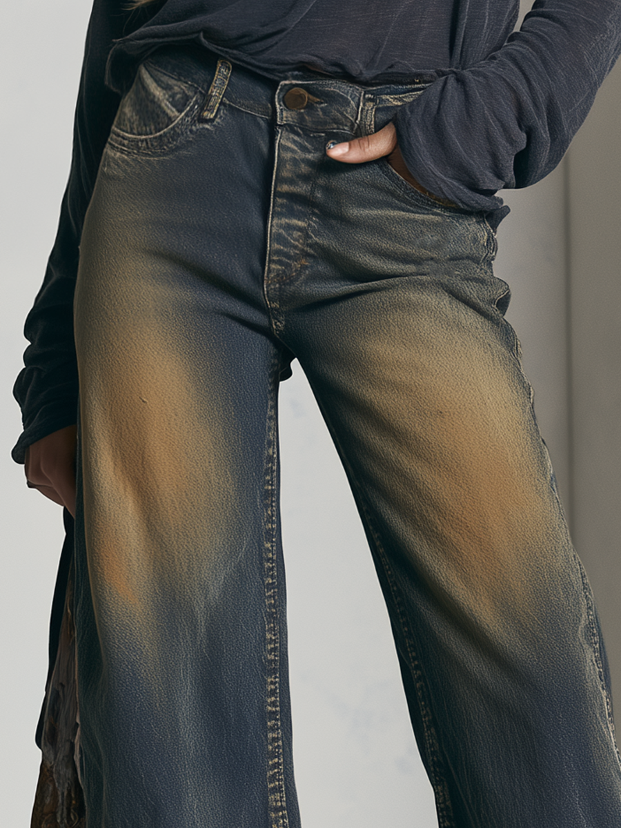 Retro Dirty Wash High Rise Wide Leg Baggy Cargo Flare Jeans