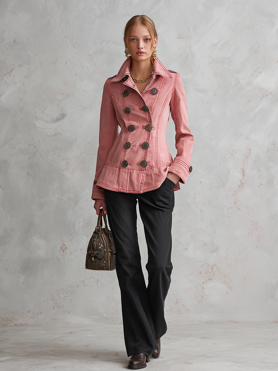 Vintage Military Double Breasted Pink Washed Peplum Fitted Denim Jacket