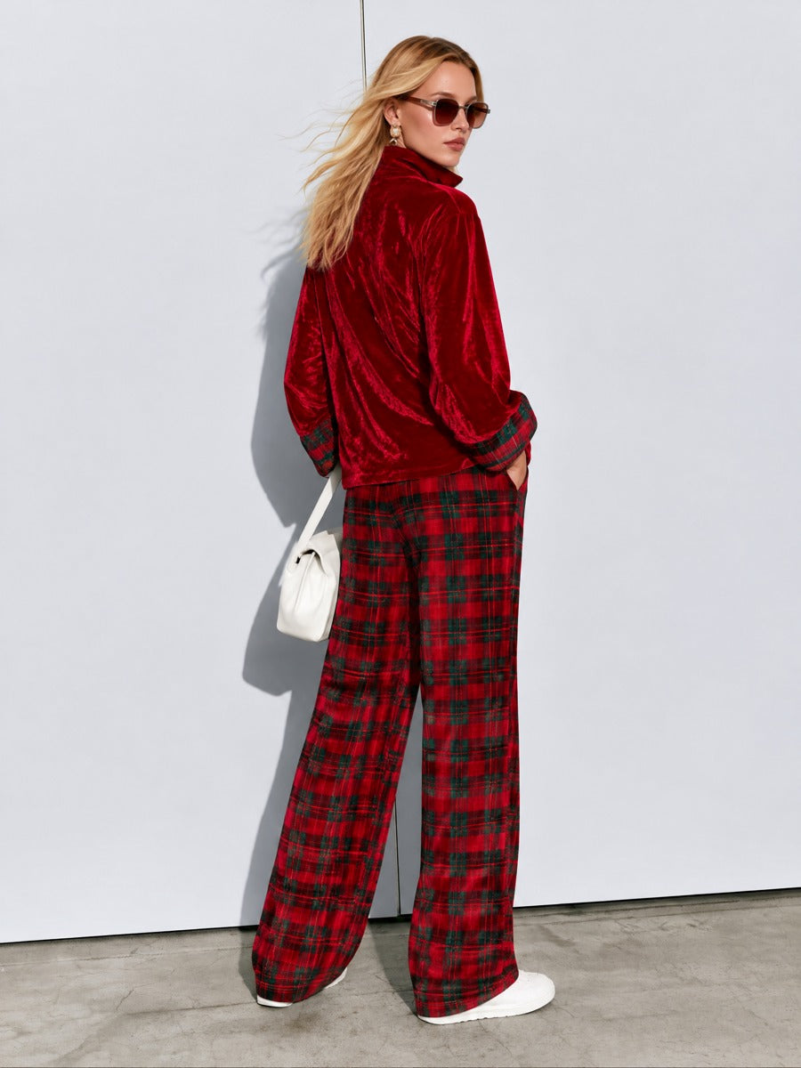 Casual Bright Red Velvet Half-zip Top And Plaid Wide-leg Pants Set