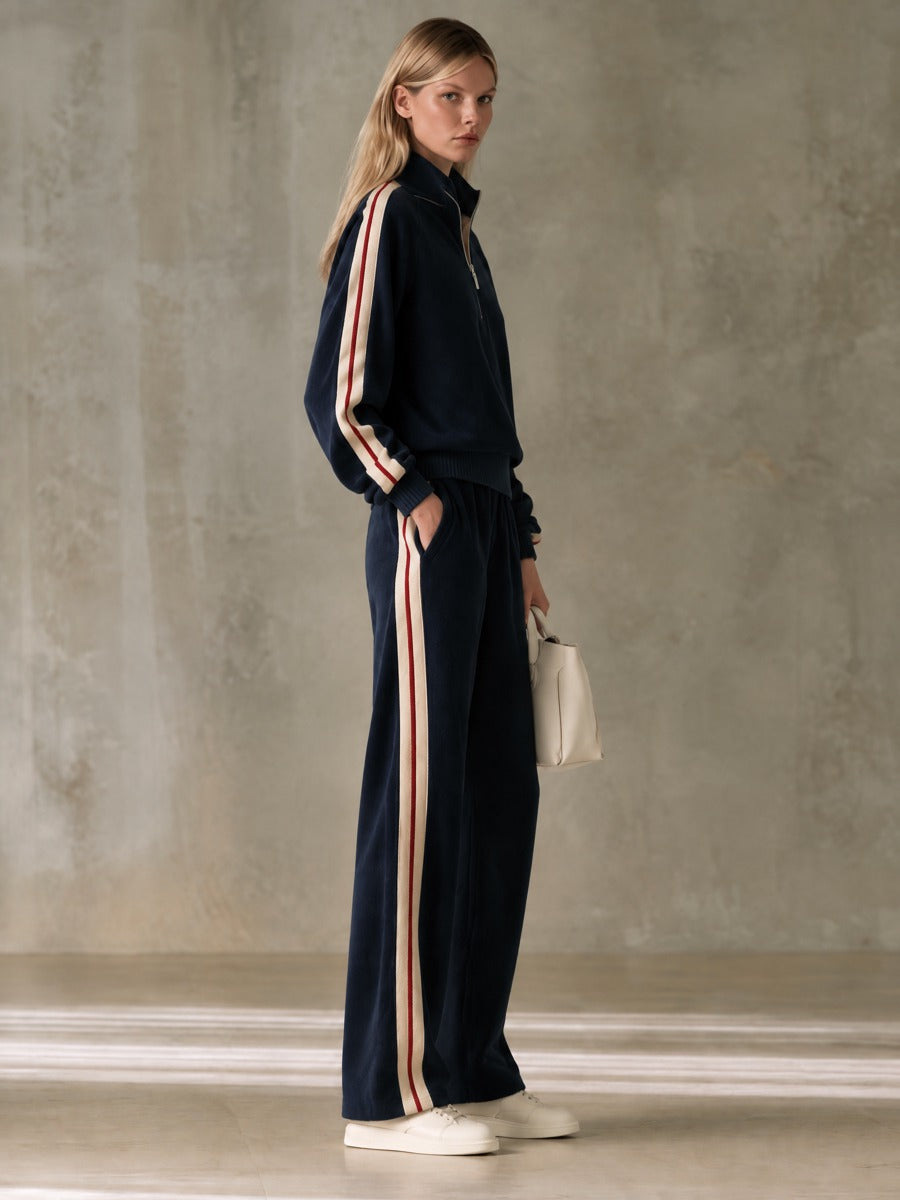 Sporty Retro Color-blocked Navy Blue Fleece Blend Top And Pants Set