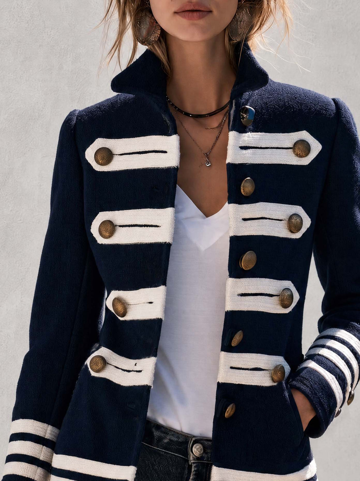 Vintage Military Navy Wool Blend Faux Fur Trim Brass Button Striped Band Jacket