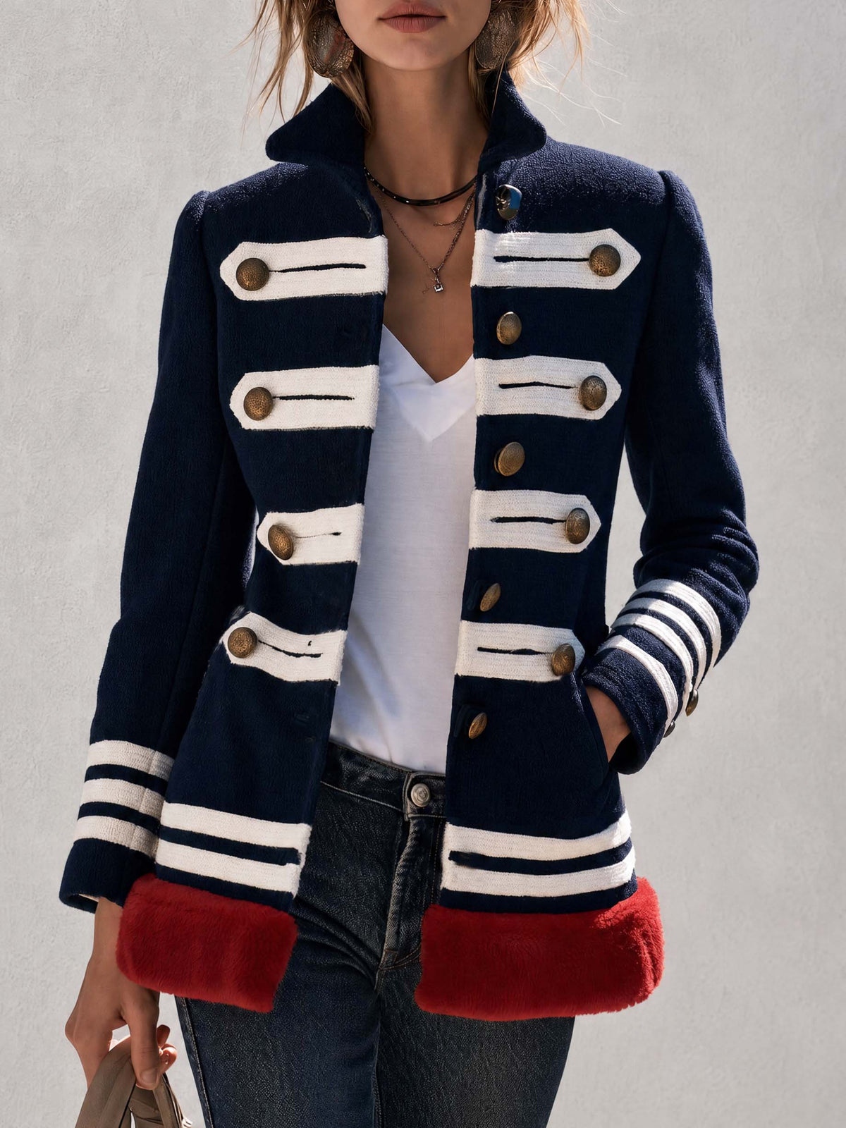 Vintage Military Navy Wool Blend Faux Fur Trim Brass Button Striped Band Jacket