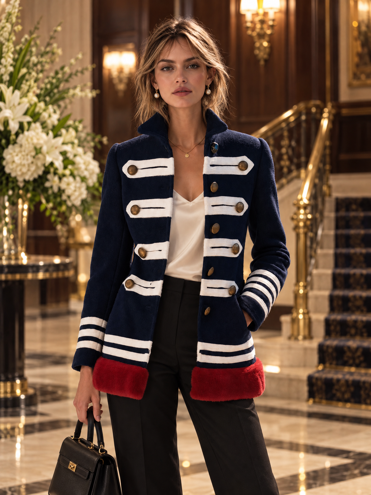 Vintage Military Navy Wool Blend Faux Fur Trim Brass Button Striped Band Jacket