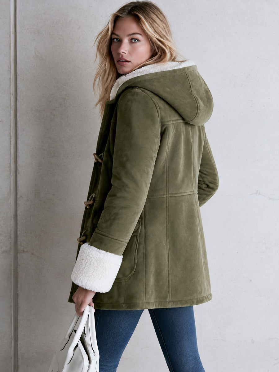 Casual And Warm Fleece-trimmed Faux Suede Duffle Coat