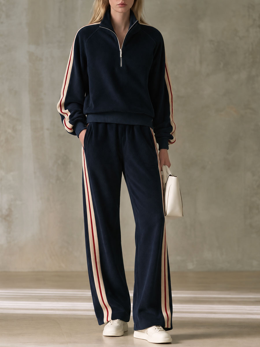 Sporty Retro Color-blocked Navy Blue Fleece Blend Top And Pants Set