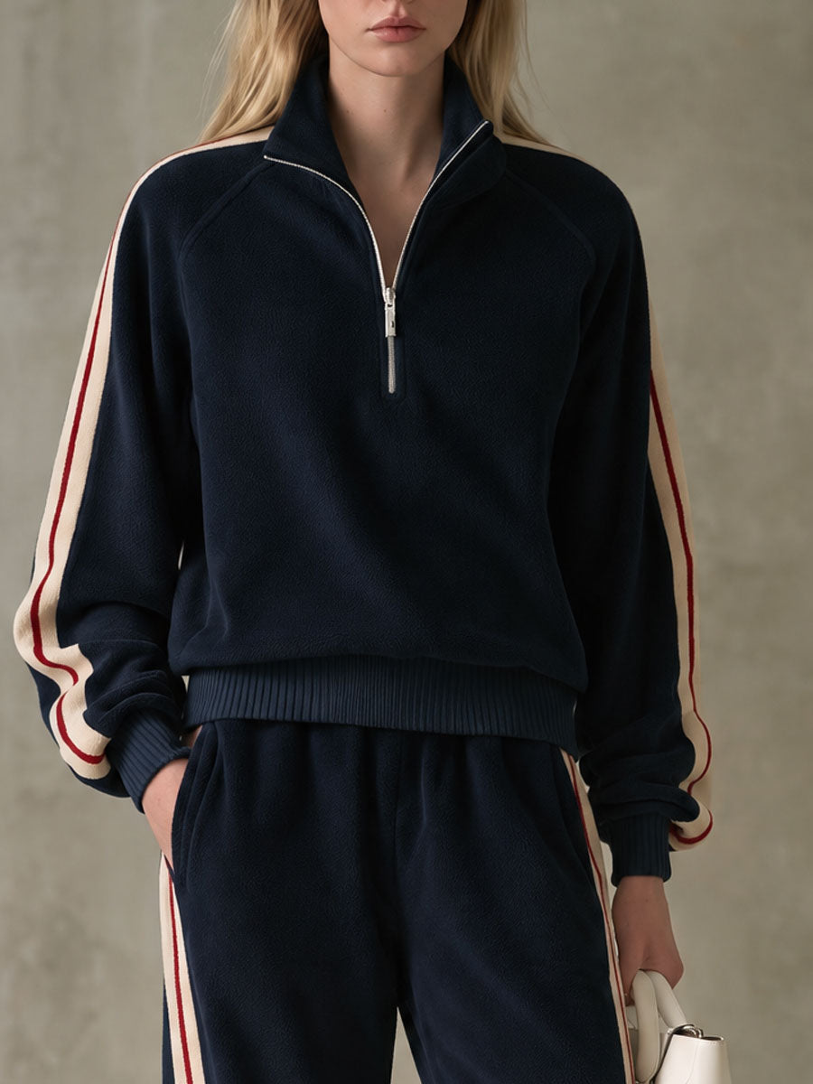 Sporty Retro Color-blocked Navy Blue Fleece Blend Top And Pants Set