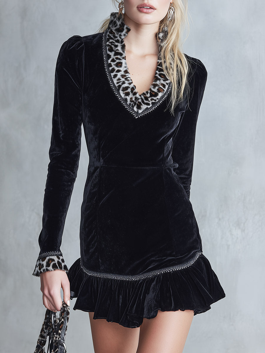 Elegant Faux-Fur Leopard Print Collar Black Velvet Ruffled Mini Dress