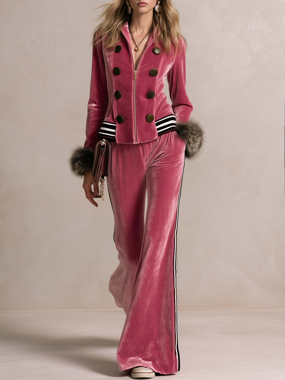 Retro Glam Pink Velvet Faux-Fur Cuff Zip-Up Top Side-Stripe Wide-Leg Pants Set