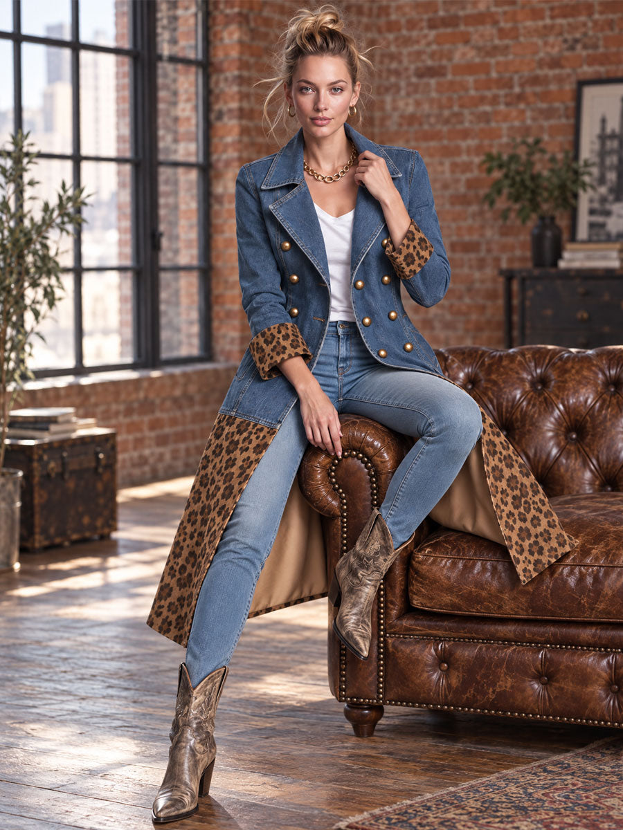 Retro Denim Patchwork Leopard Print Faux Suede Coat