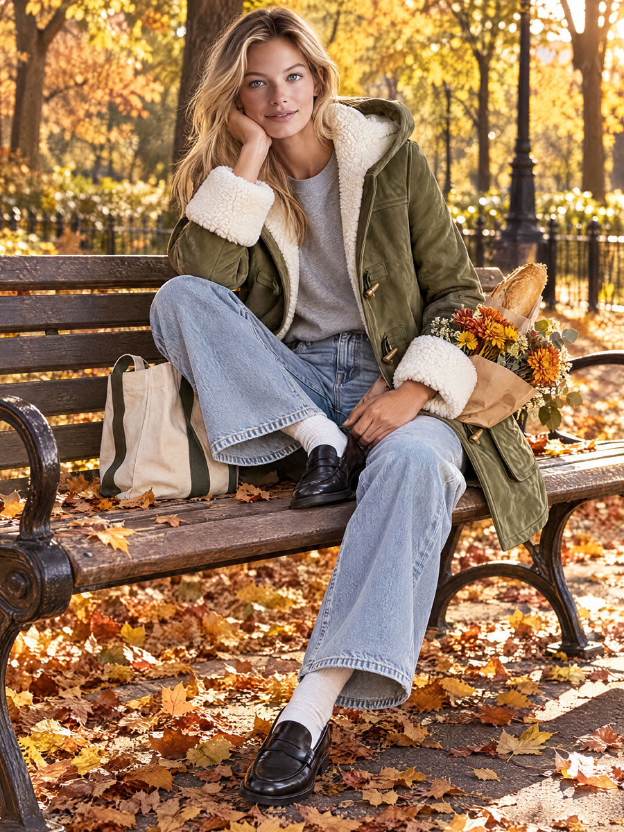 Casual And Warm Fleece-trimmed Faux Suede Duffle Coat